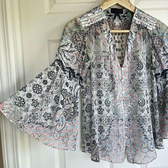 Hale Bob 100% Silk Bell Sleeve Button Blouse - XS - Picture 6 of 11